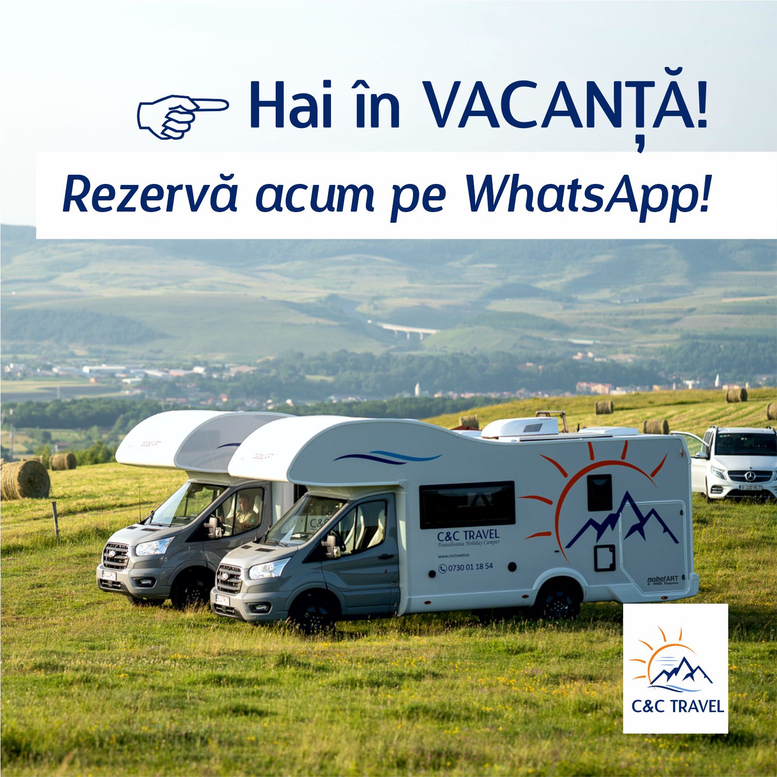 C&C Travel Facebook ad: Rezervฤ-ศi rulota acum!