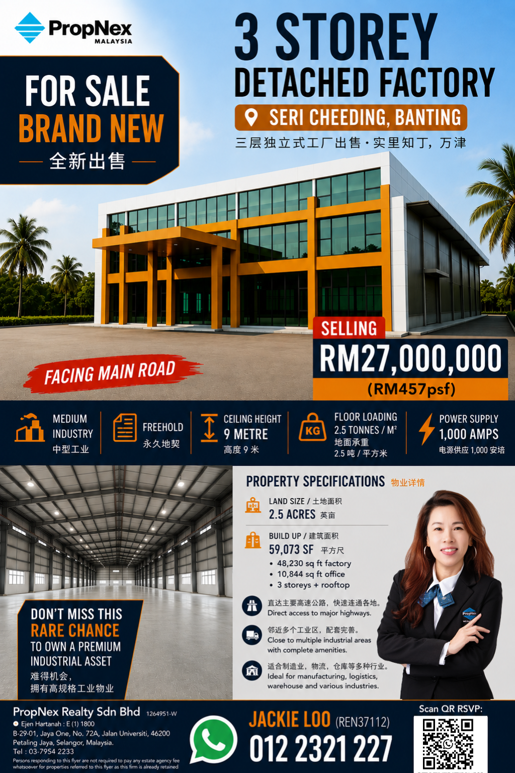 PropNex Malaysia - Jackie Loo Associates Facebook ad: 3 Storey Detached Factory at Seri Cheeding, Banting.