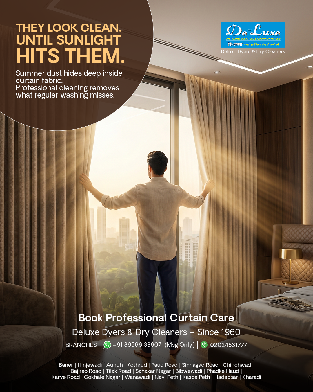Deluxe Dyers & Dry Cleaners Facebook ad: Fresh Curtains. Fresher Home.