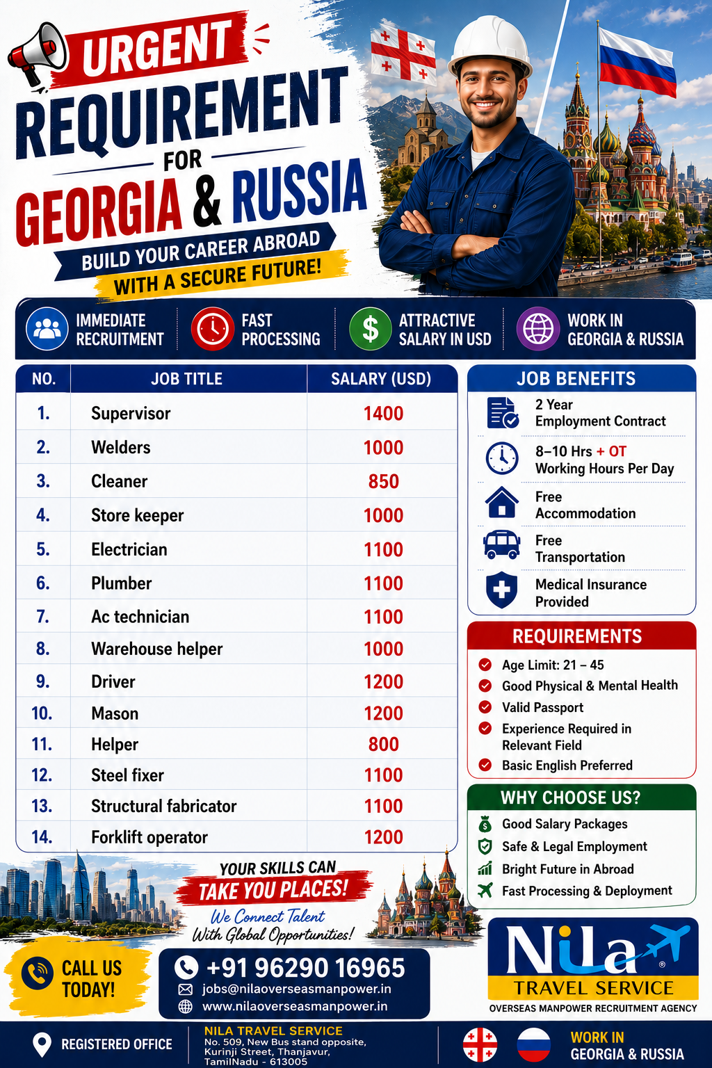 Nila Travels Service Facebook ad: Urgent Requirement for Georgia & Russia | Apply Today