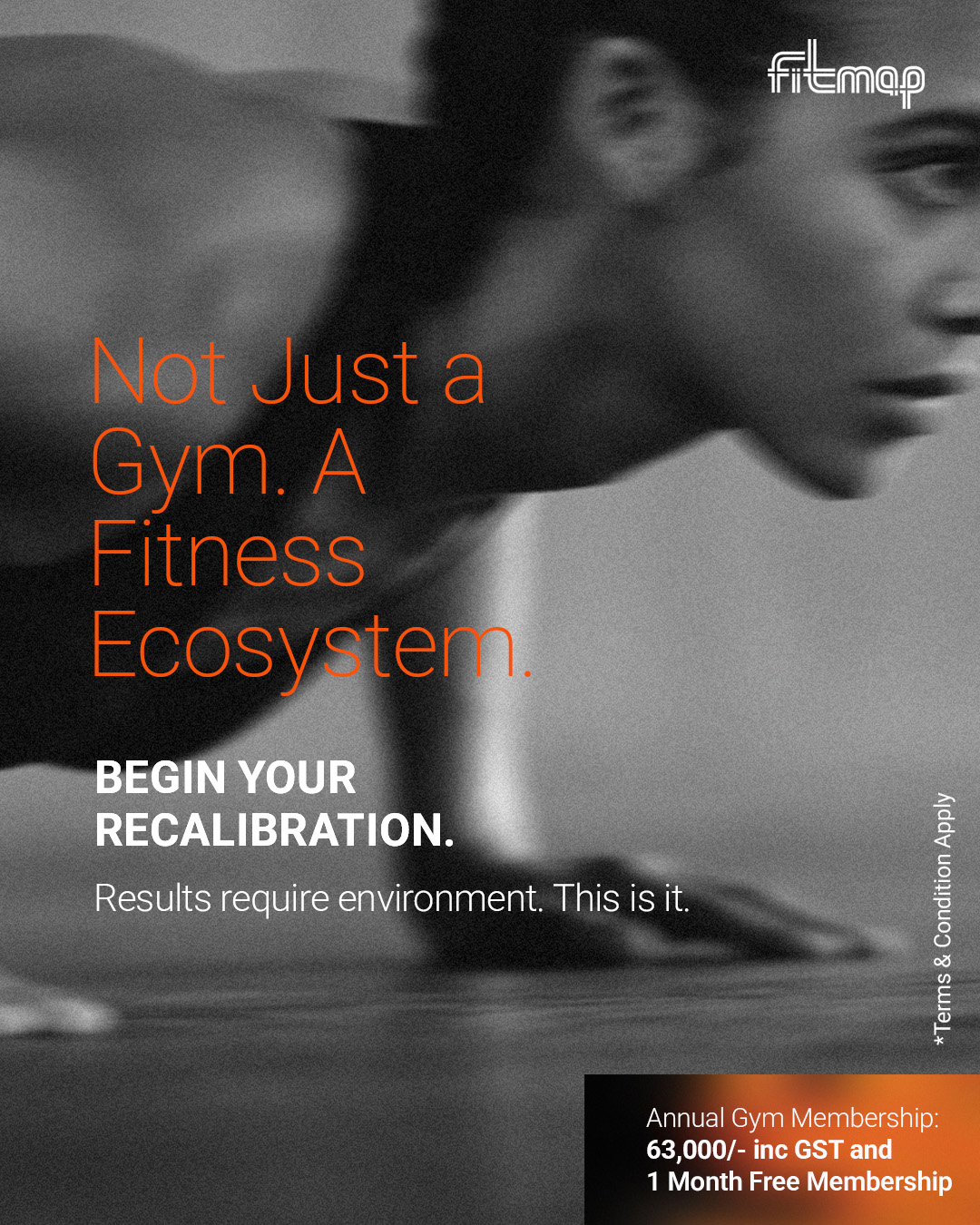 FitMap India Facebook ad: Spacious. Clean. Premium. Train at FitMap with top hygiene…