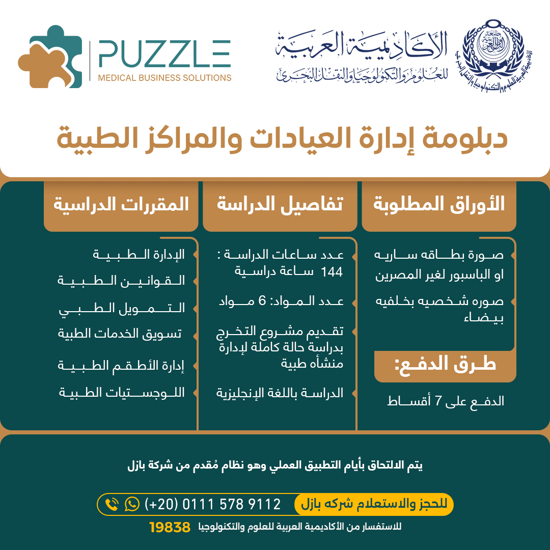 Puzzle for Medical Business Solutions Facebook ad: اول دبلومة احترافية معتمدة ومتخصصة في مجال إدارة…