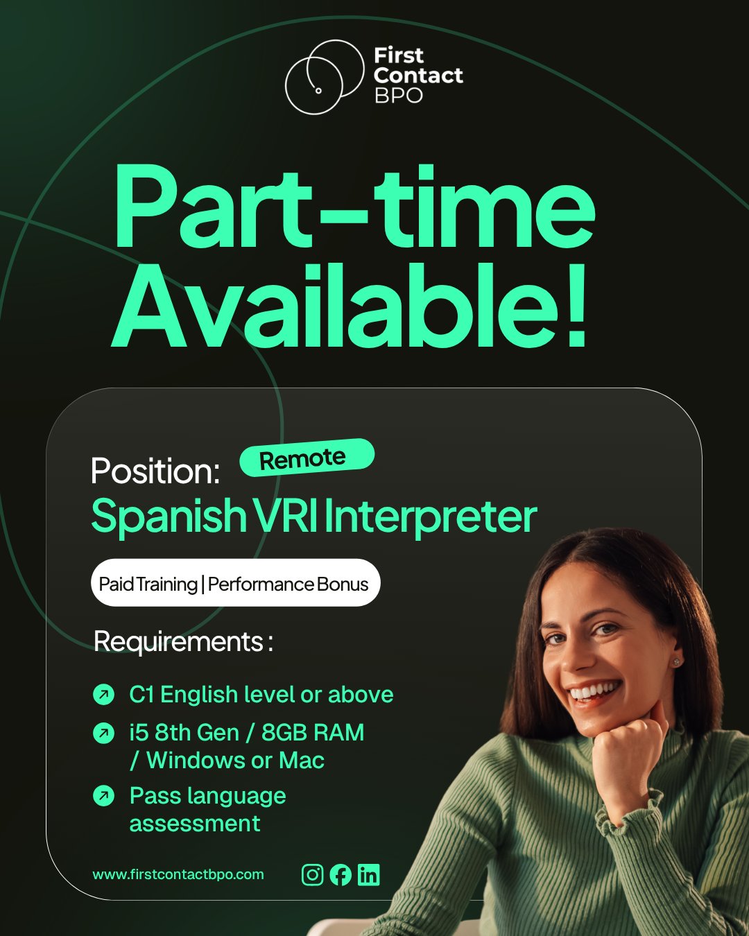 First Contact BPO Facebook ad: PART-TIME OPPORTUNITY AVAILABLE!