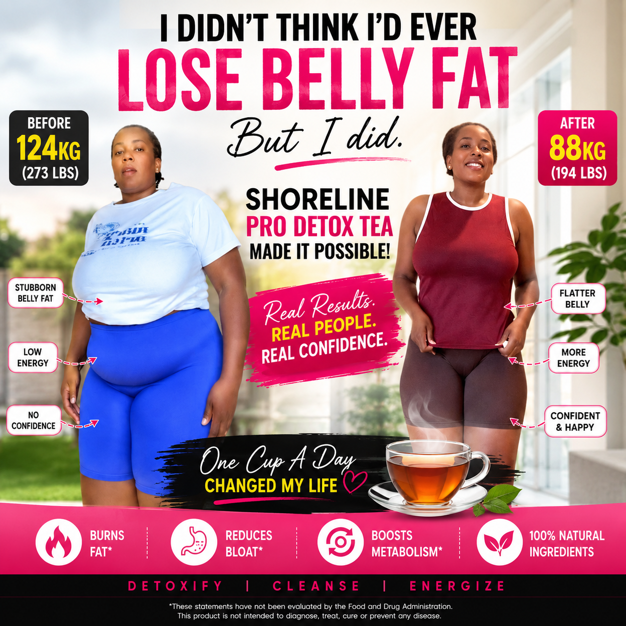 Shoreline Pro Detox Ng. Facebook ad: Tired of Hiding Your Belly Under Oversized Clothes?