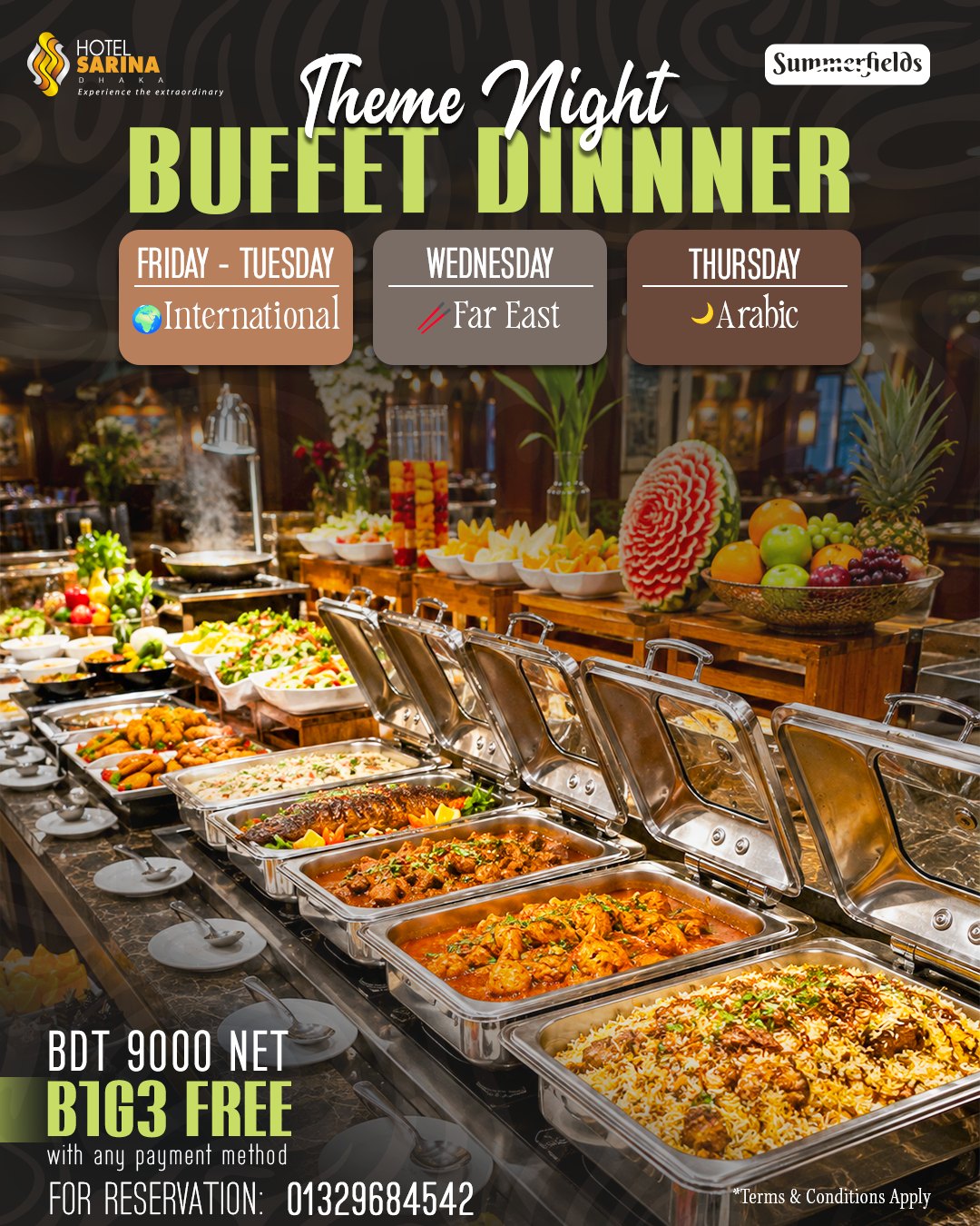 Hotel Sarina Dhaka Facebook ad: One Destination. Three Extraordinary Culinary Experiences.
