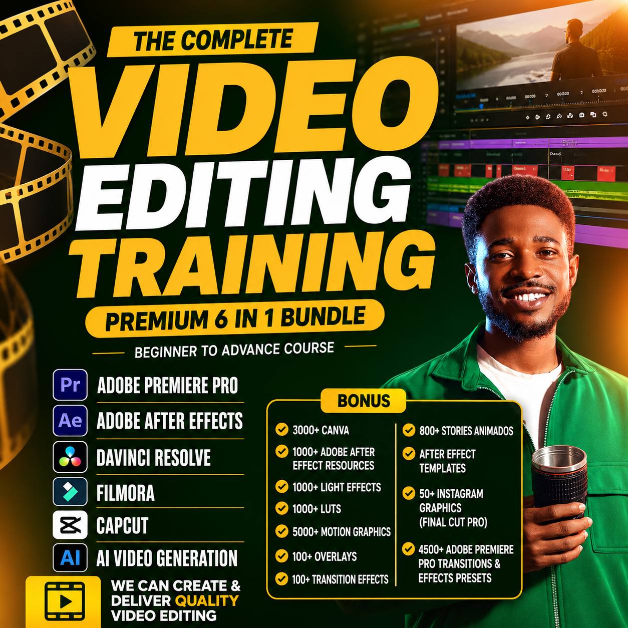 Academixx Facebook ad: THE COMPLETE 6-IN-1 VIDEO EDITING MASTERY BUNDLE