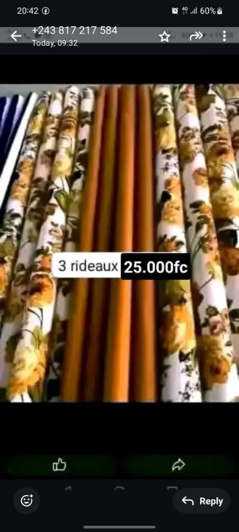 Business limaya Facebook ad: Promotion 3 rideaux 25.000fc, rideaux ministère 2 lourds…