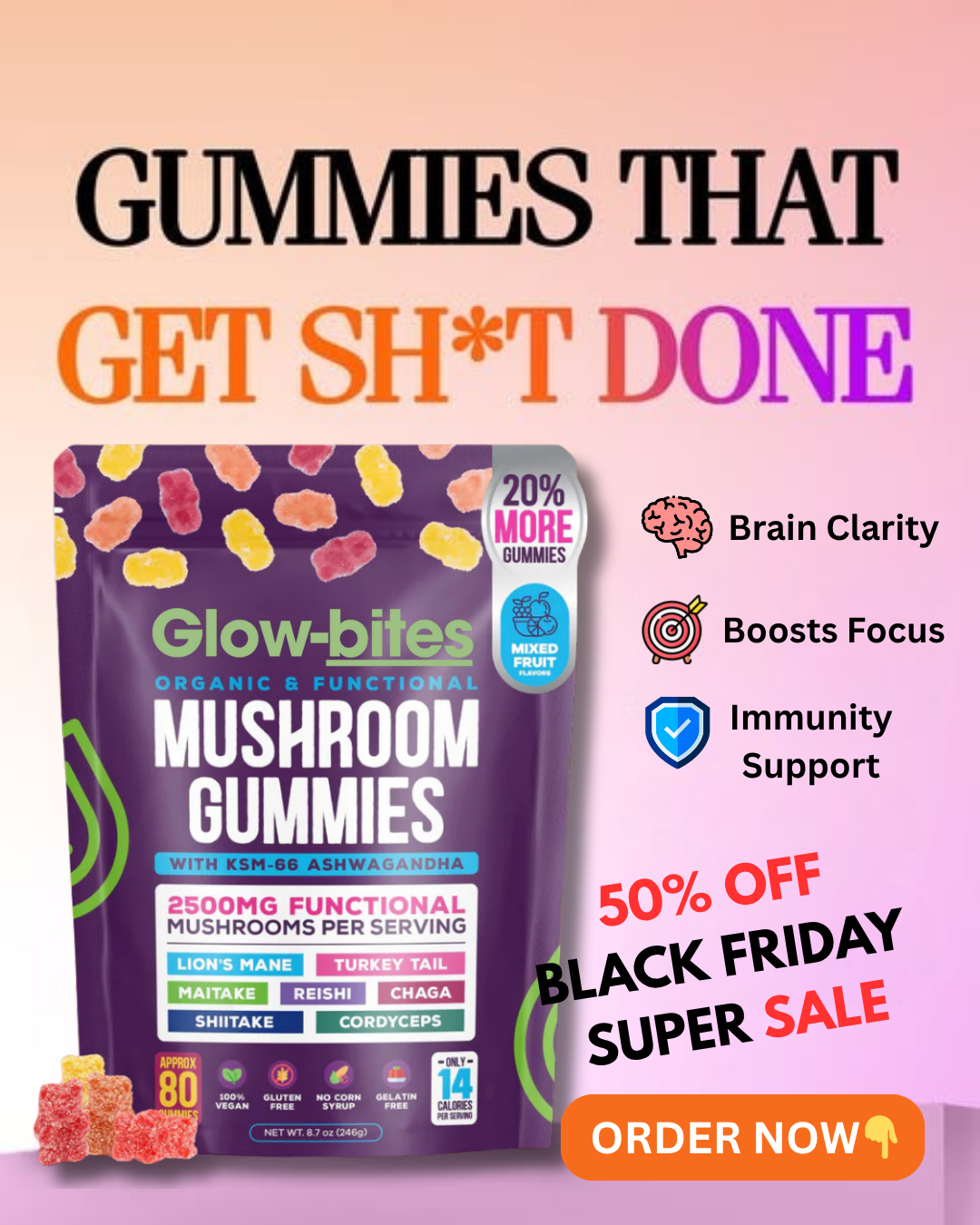 Glow-bites Facebook ad: 50% OFF Best-Selling Gummies | Black Friday Super Sale