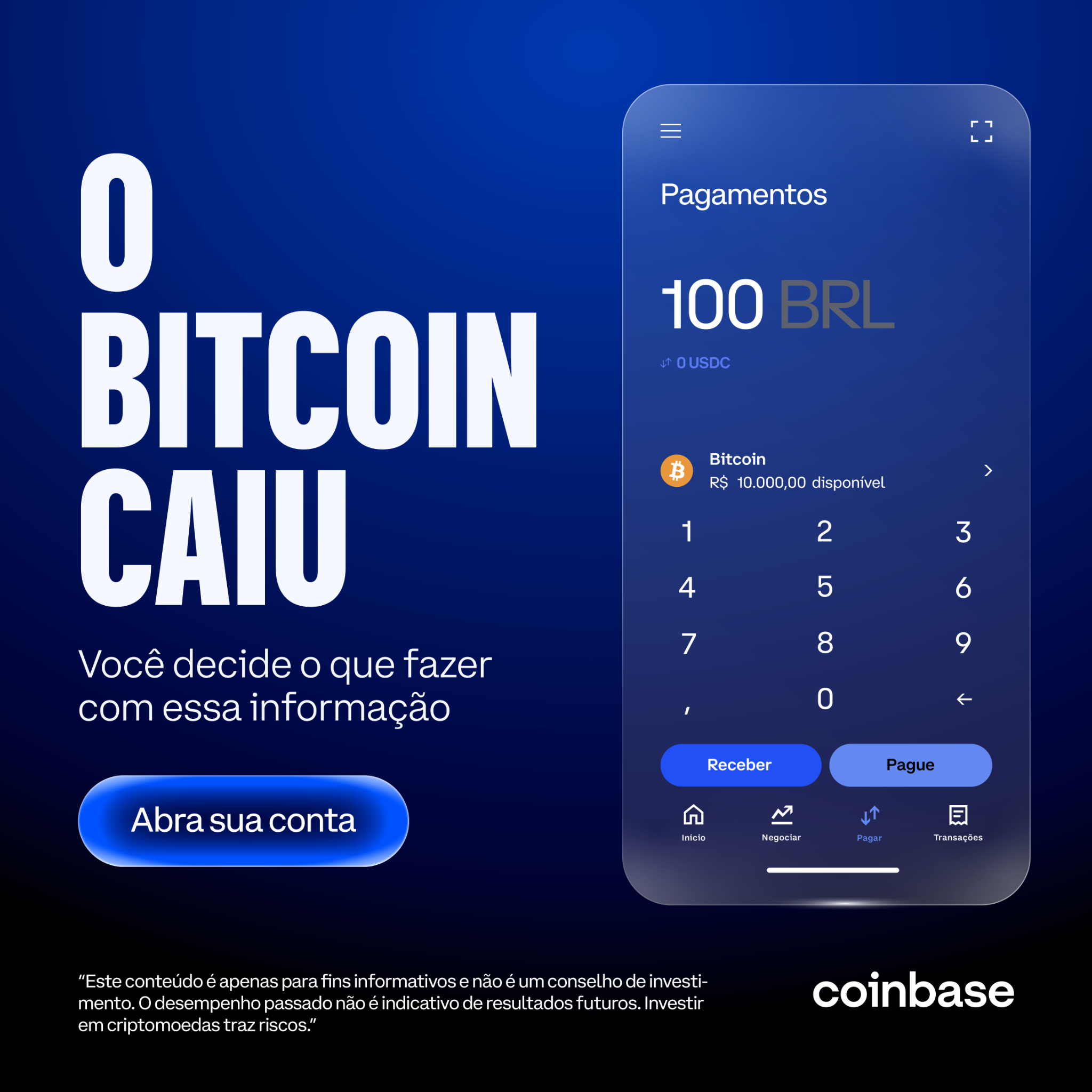 Coinbase Facebook ad: Falta só um passo para sua primeira compra.