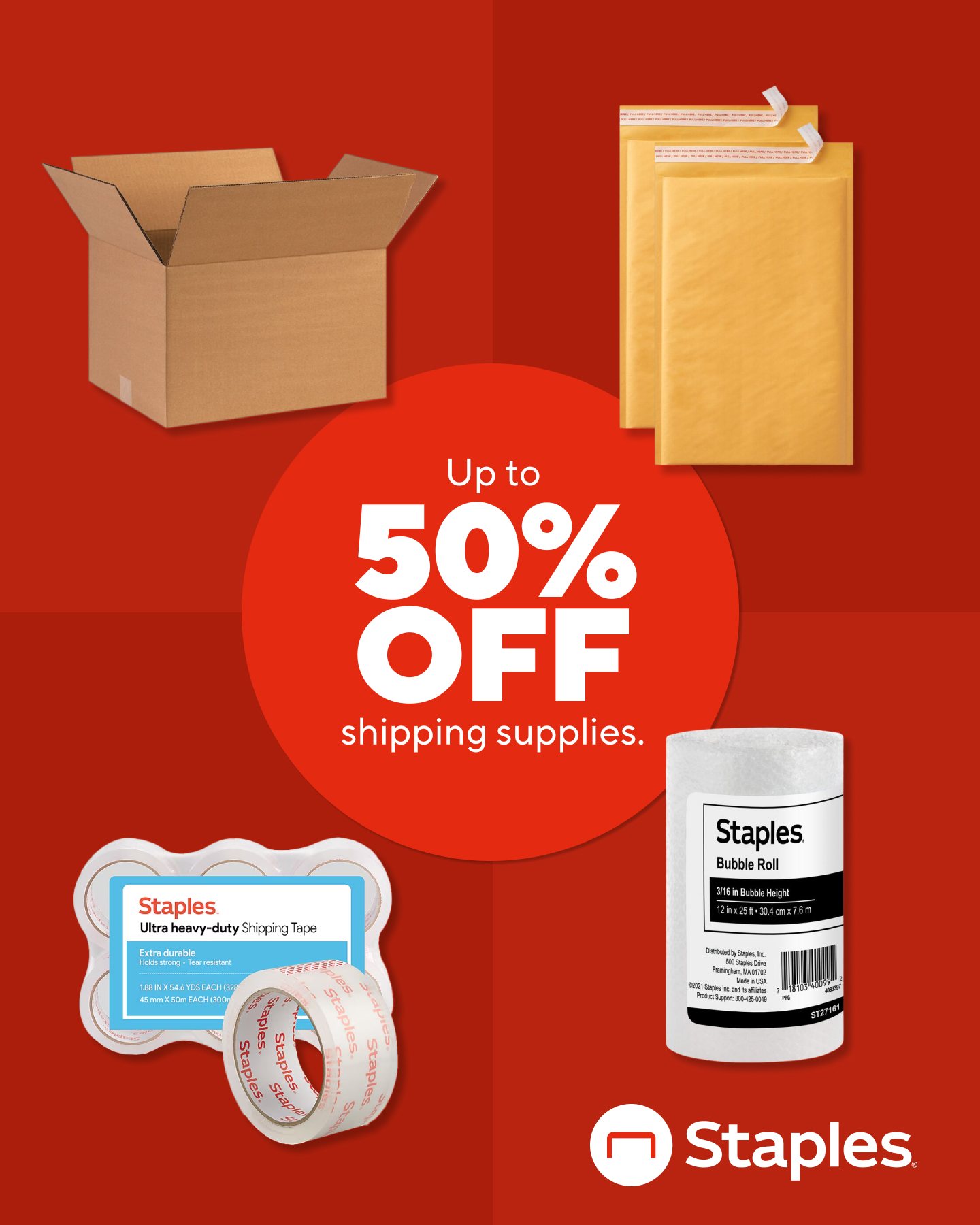Staples Facebook ad: Up to 50% off.