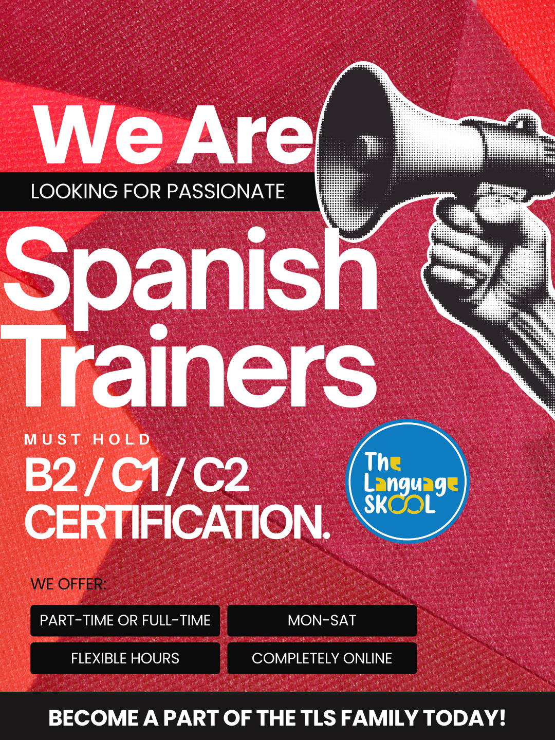 The Language SKOOL Online Facebook ad: Great Opportunity! Lets work with TLS As Spanish Master!