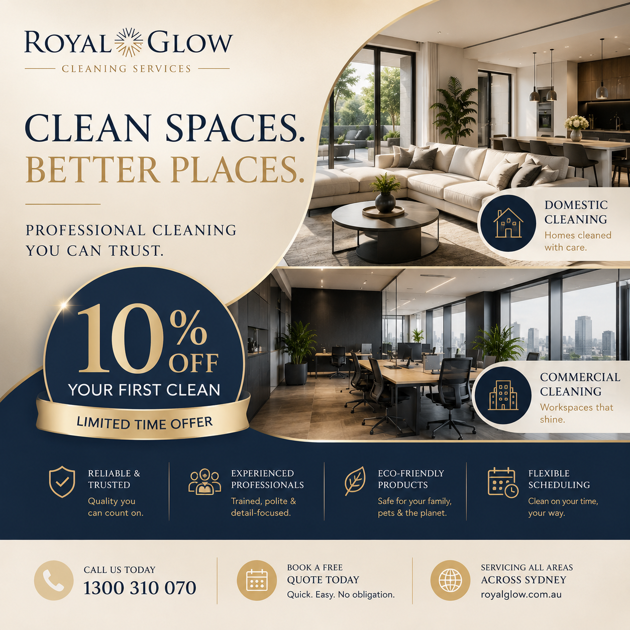 Royal Glow Cleaning Services Facebook ad: 10% Off Your First Clean, Book Today