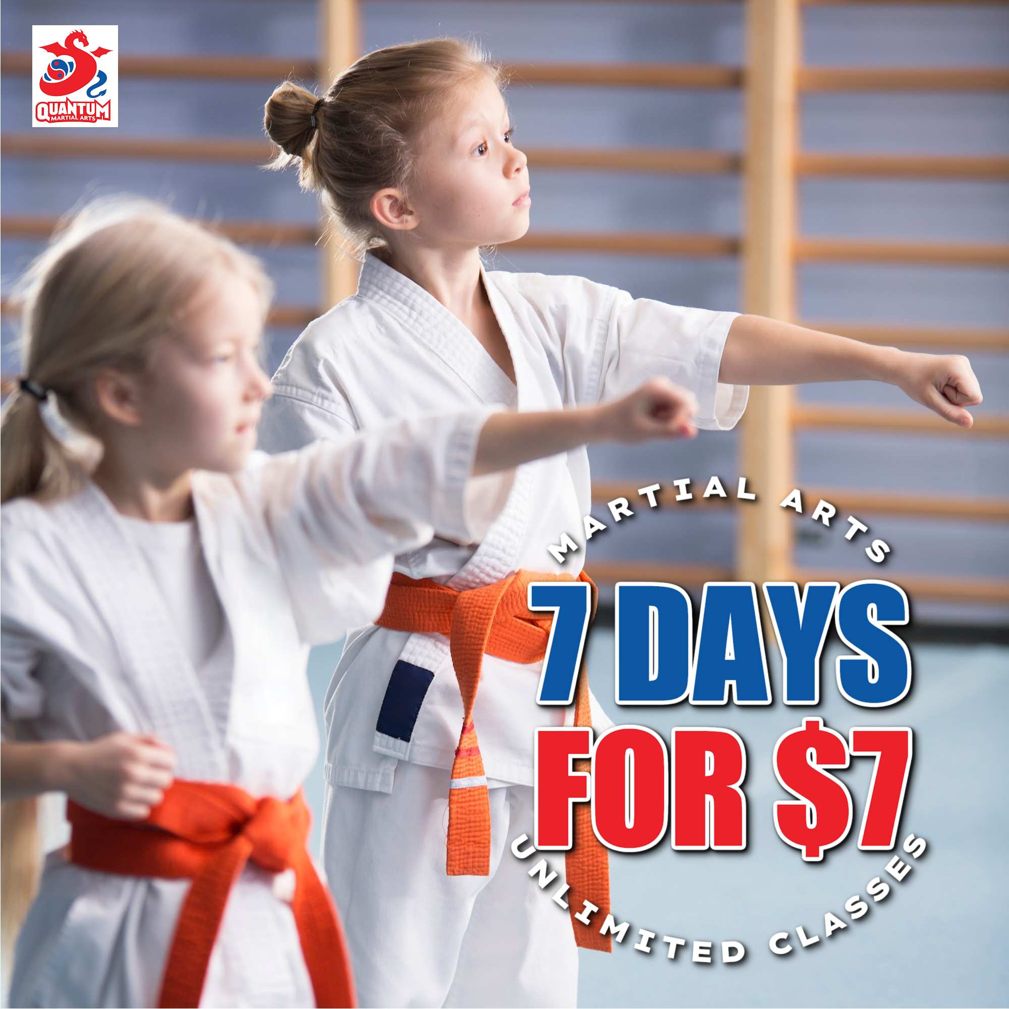 Quantum Martial Arts Facebook ad: Kids Train 7 Days for $7