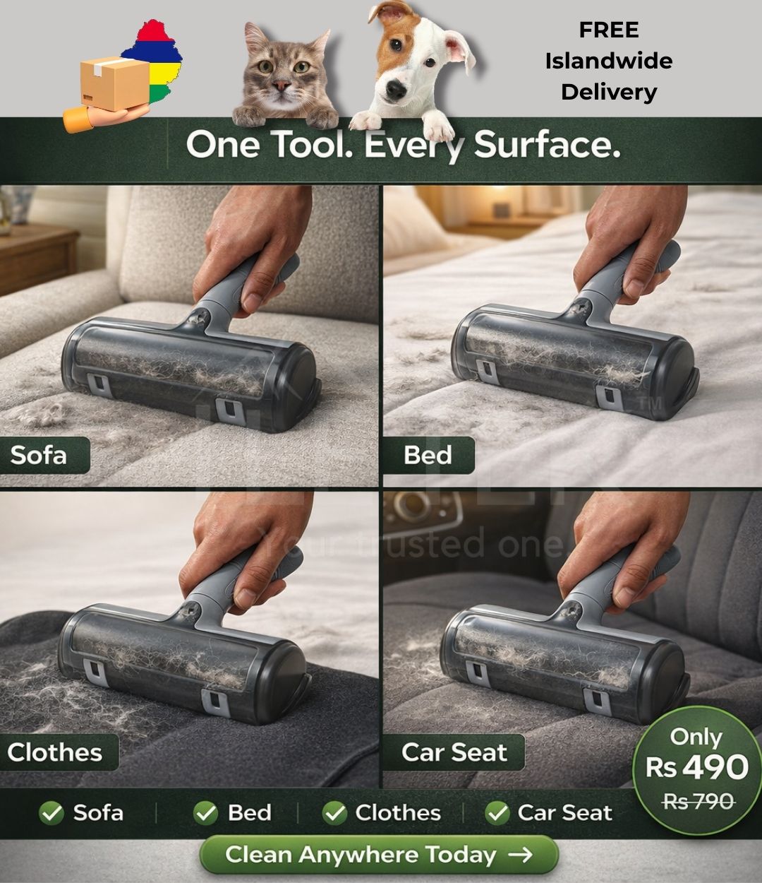 ÎLETEK.mu Facebook ad: Sofa. Bed. Clothes. Car. Done.