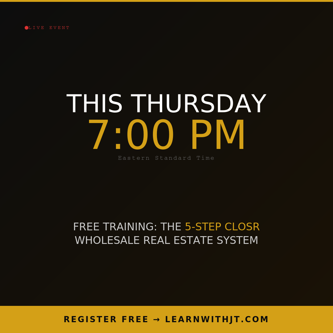 JT Sudderth Facebook ad: The 5 Step System Behind $15M in Wholesale Deals. Free…