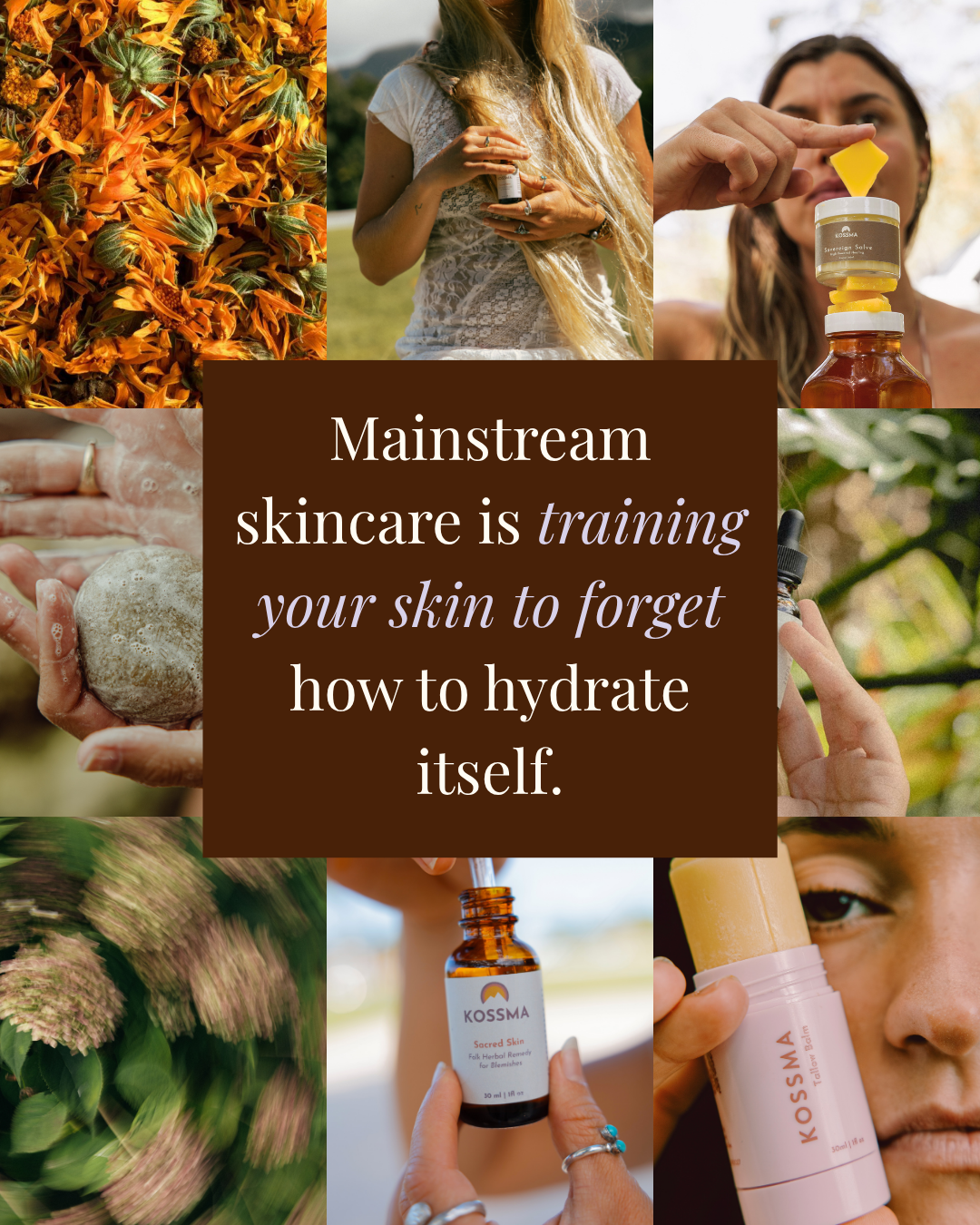 Kossma Beauty Facebook ad: Mainstream skincare uses humectants that train your skin…