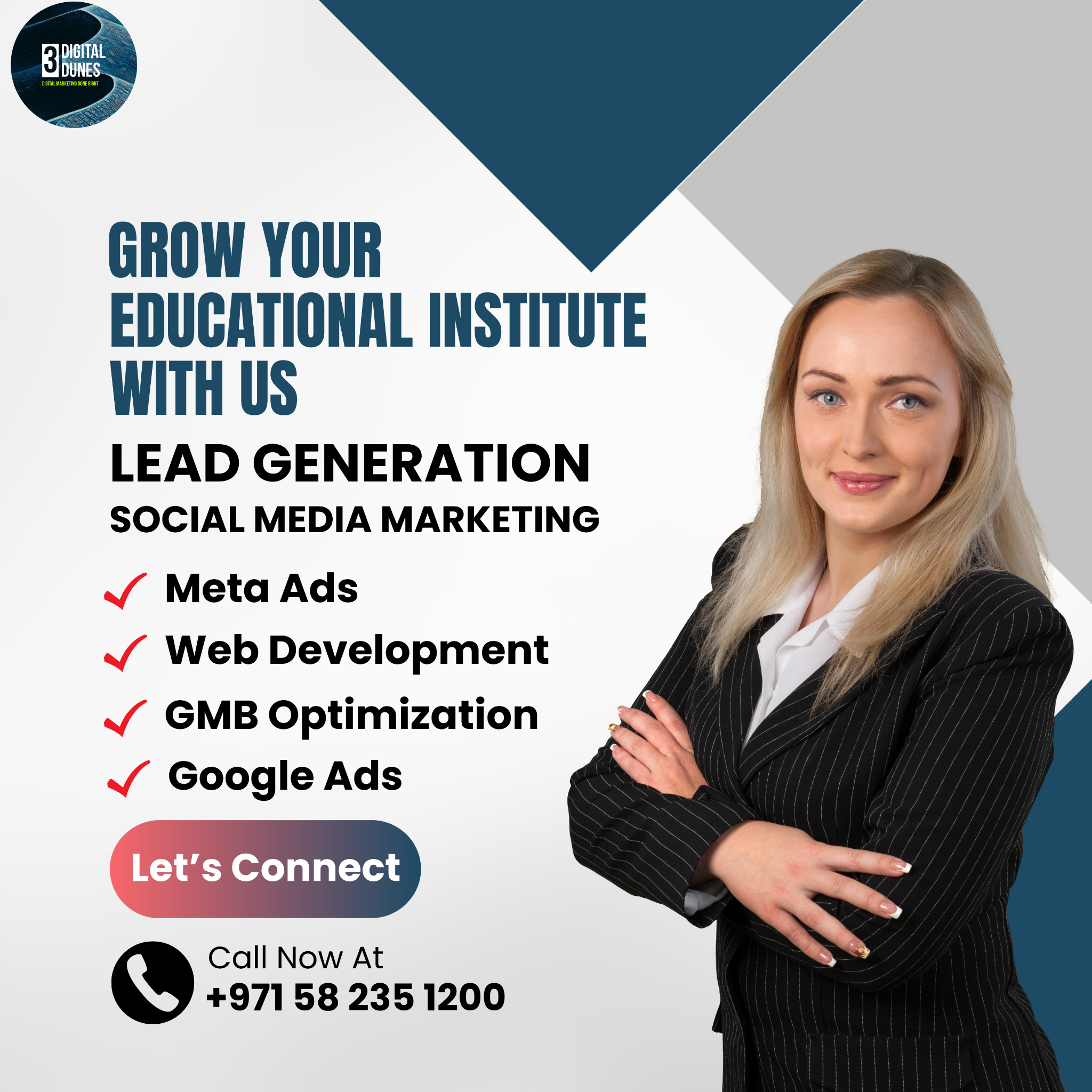 3 Digital dunes Facebook ad: Lets Grow Your Educational Institute Today.