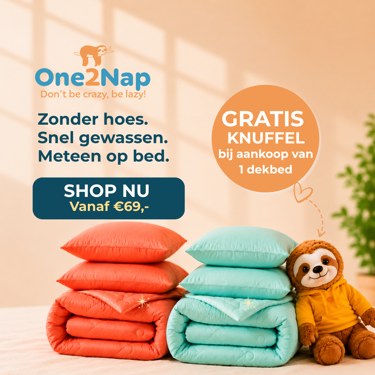 One2Nap Facebook ad: Dekbed zonder hoes, de wasmachine in, drogen en weer…