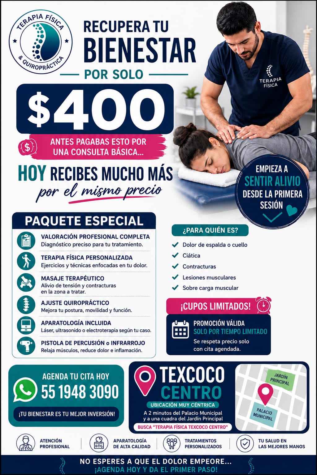 terapia física & quiropráctica Facebook ad: ¿Dolor de espalda, cuello, ciática o contracturas?