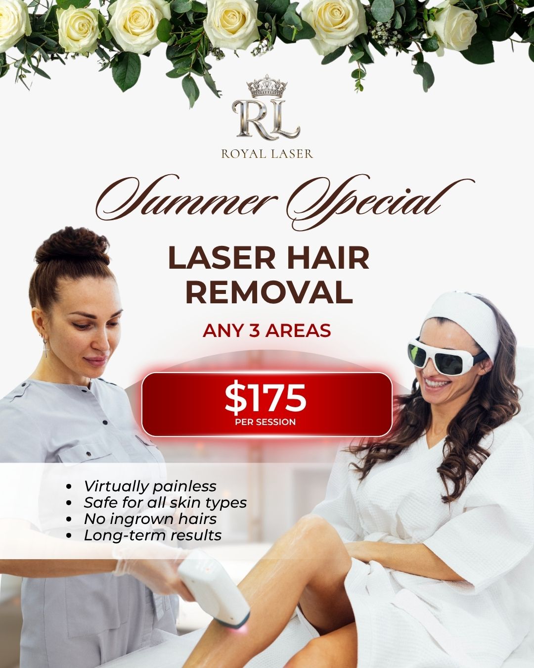 Royal Laser Facebook ad: Laser Epilation - 3 Any area $175 per session