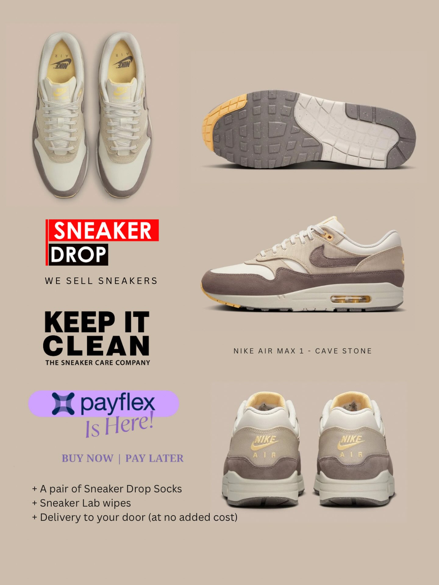 snkr_drp Facebook ad: NIKE AIR MAX 1 - CAVE STONE