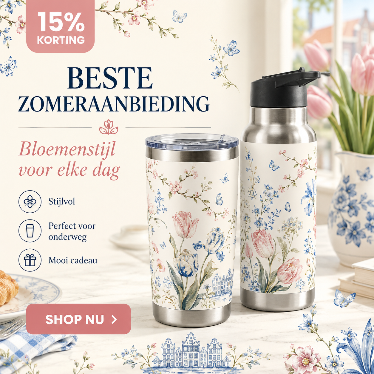 Echo Goods Facebook ad: Elegante Bloemen Drinkfles