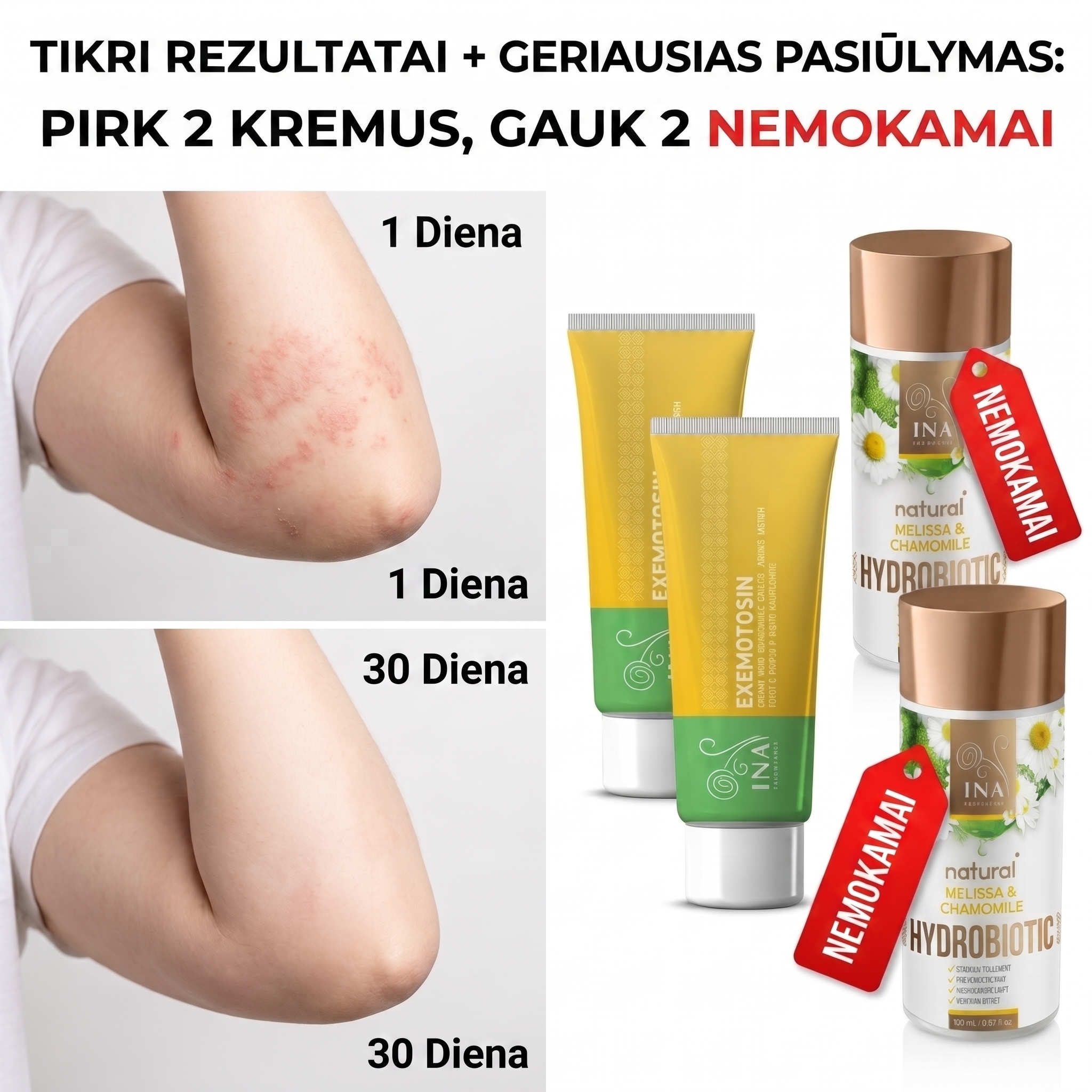 Šeimos Organinė Kosmetika - InaEssentials.lt Facebook ad: Perki 2 Exemotosin kremus, 2 gauni dovanų