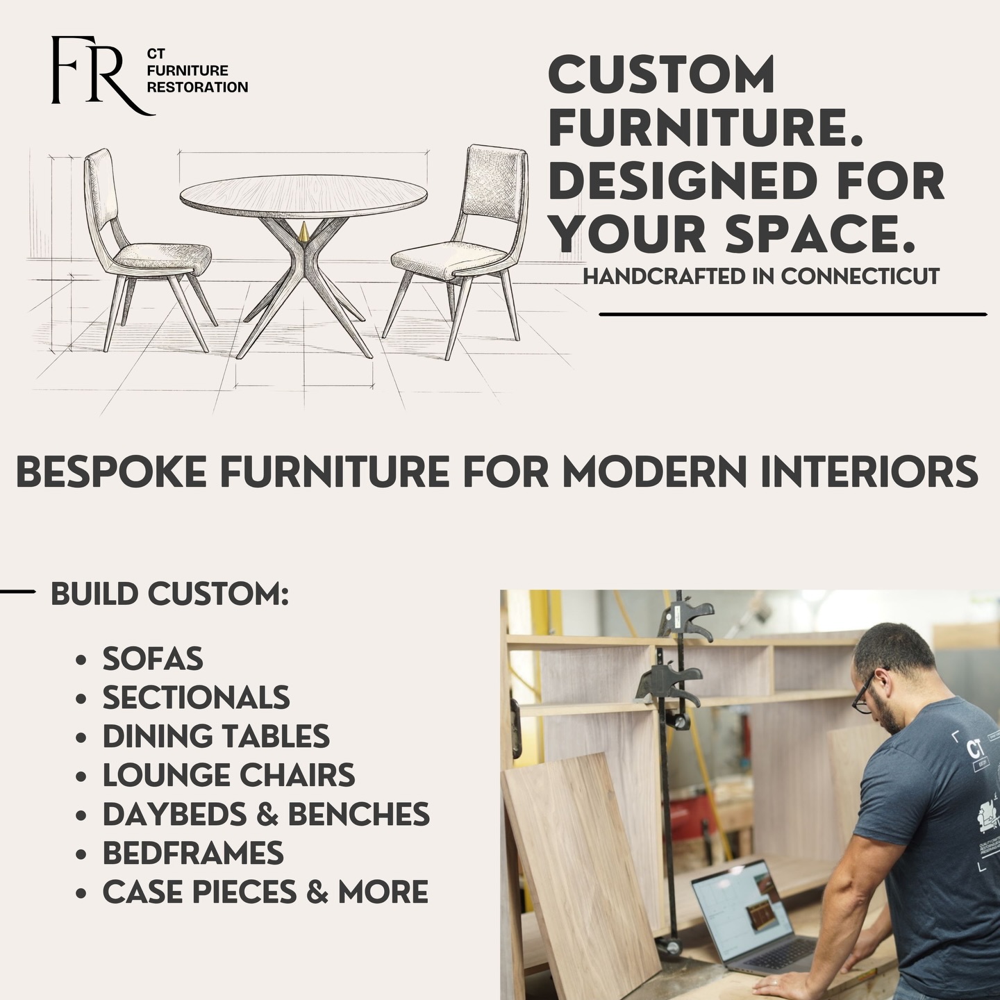 CT Furniture Restoration Facebook ad: Handcrafted in CT.