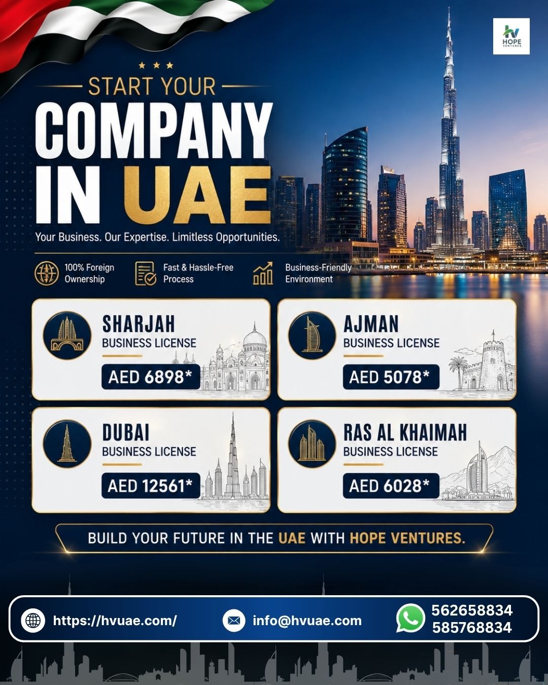 Hope Ventures Facebook ad: From company formation to business licensing across Sharjah…