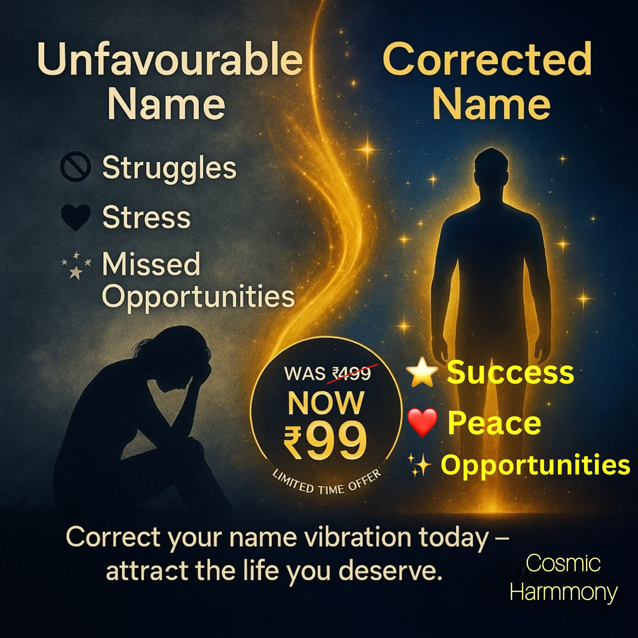 Cosmic Harmmony Facebook ad: Correct Your Name Now.