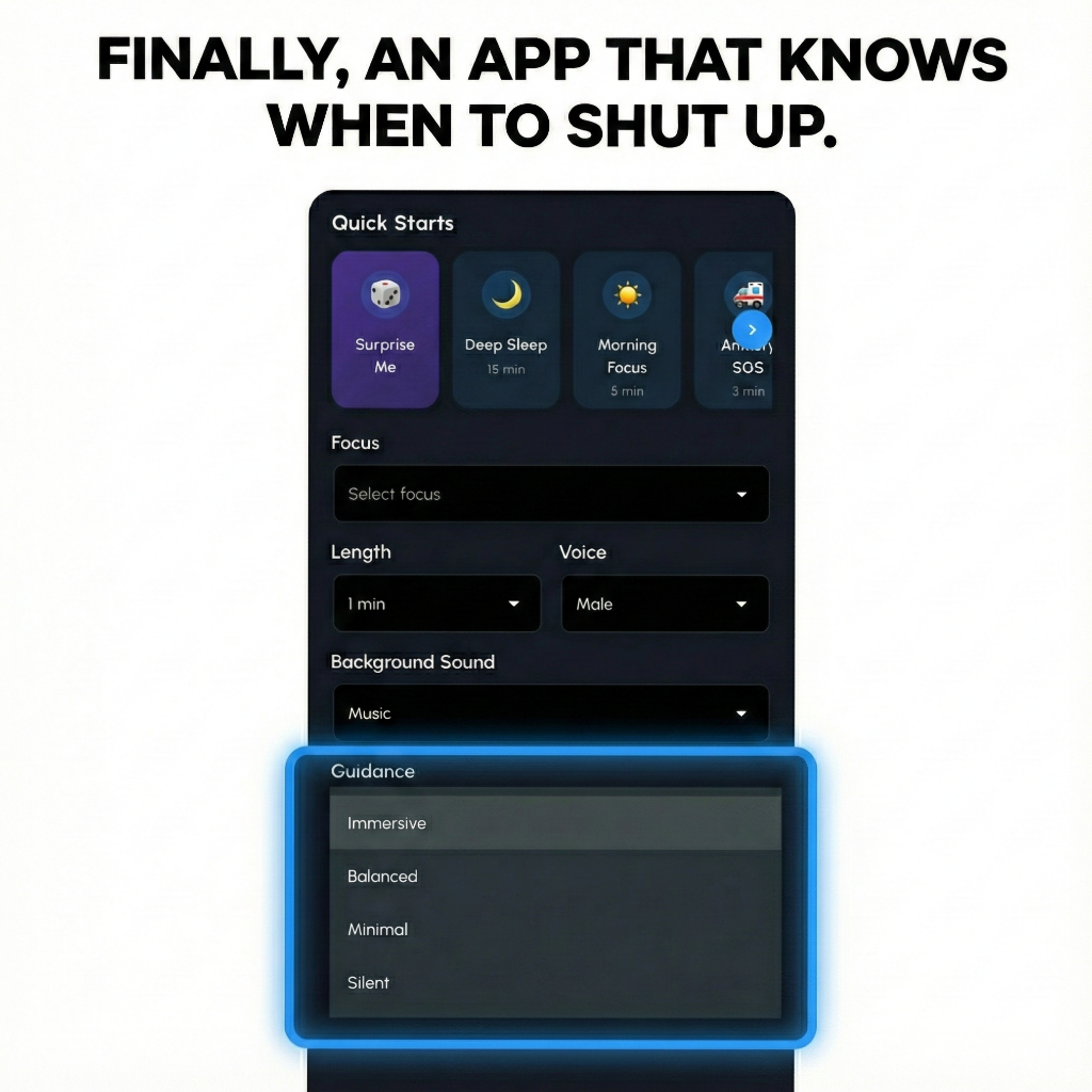 Like-minded people & Meditation Facebook ad: Finally, a meditation app that knows when to shut up.