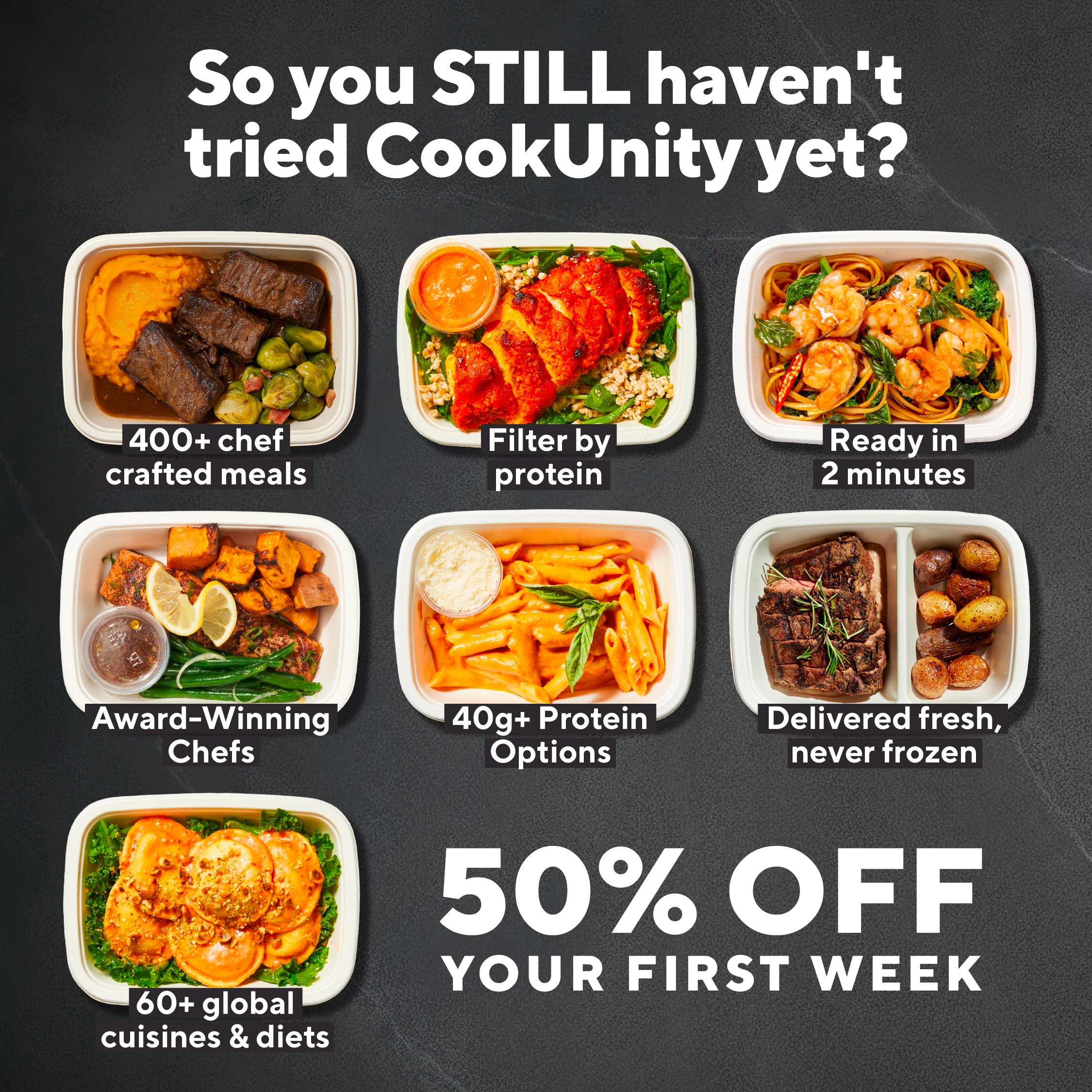 CookUnity Facebook ad: Get 50% Off Your 1st Week!