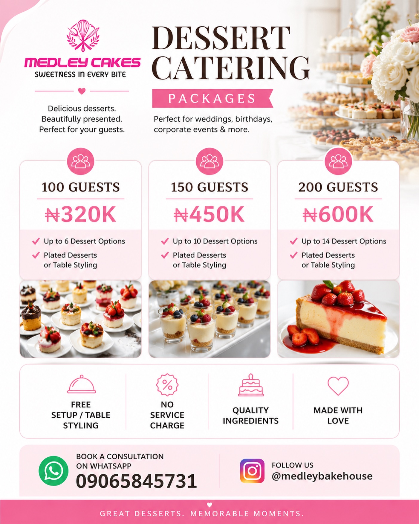 Medley bake house Facebook ad: 2026 WEDDING & DESSERT PACKAGES