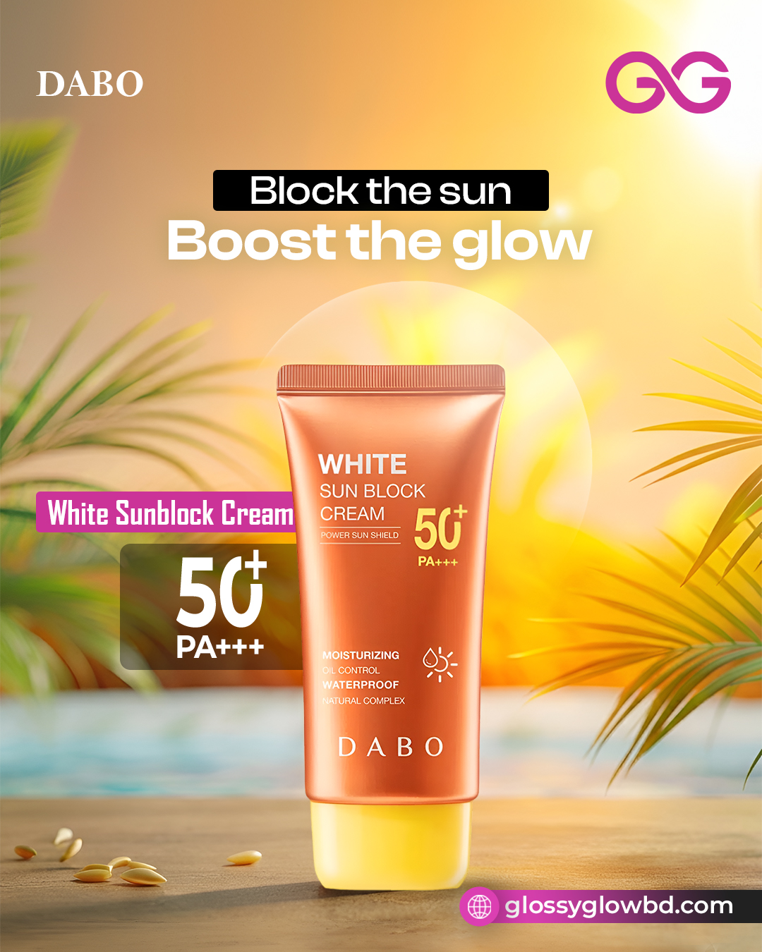Glossy Glow Facebook ad: Block the sun.