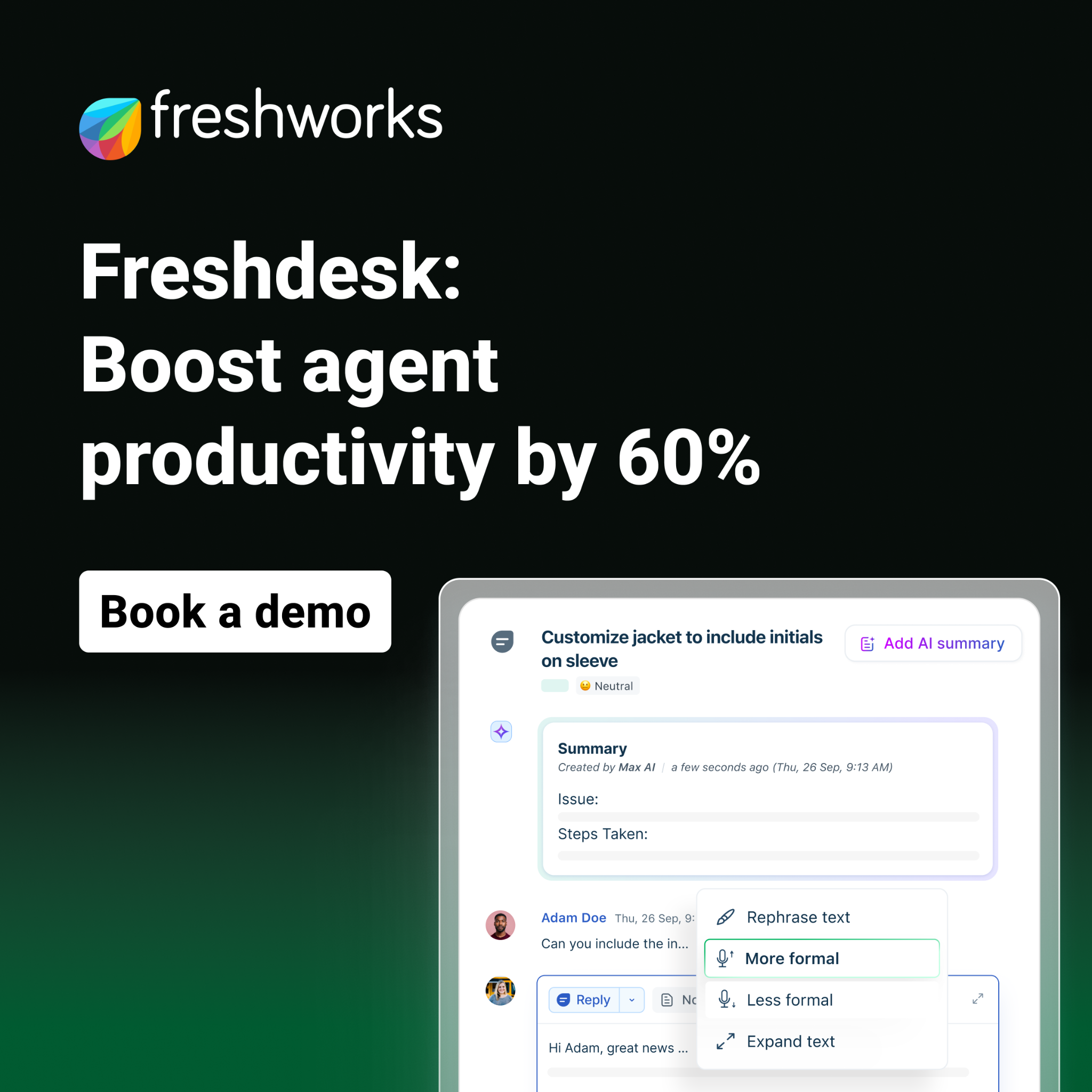 Freshworks Facebook ad: 60% boost in agent productivity with AI Copilot