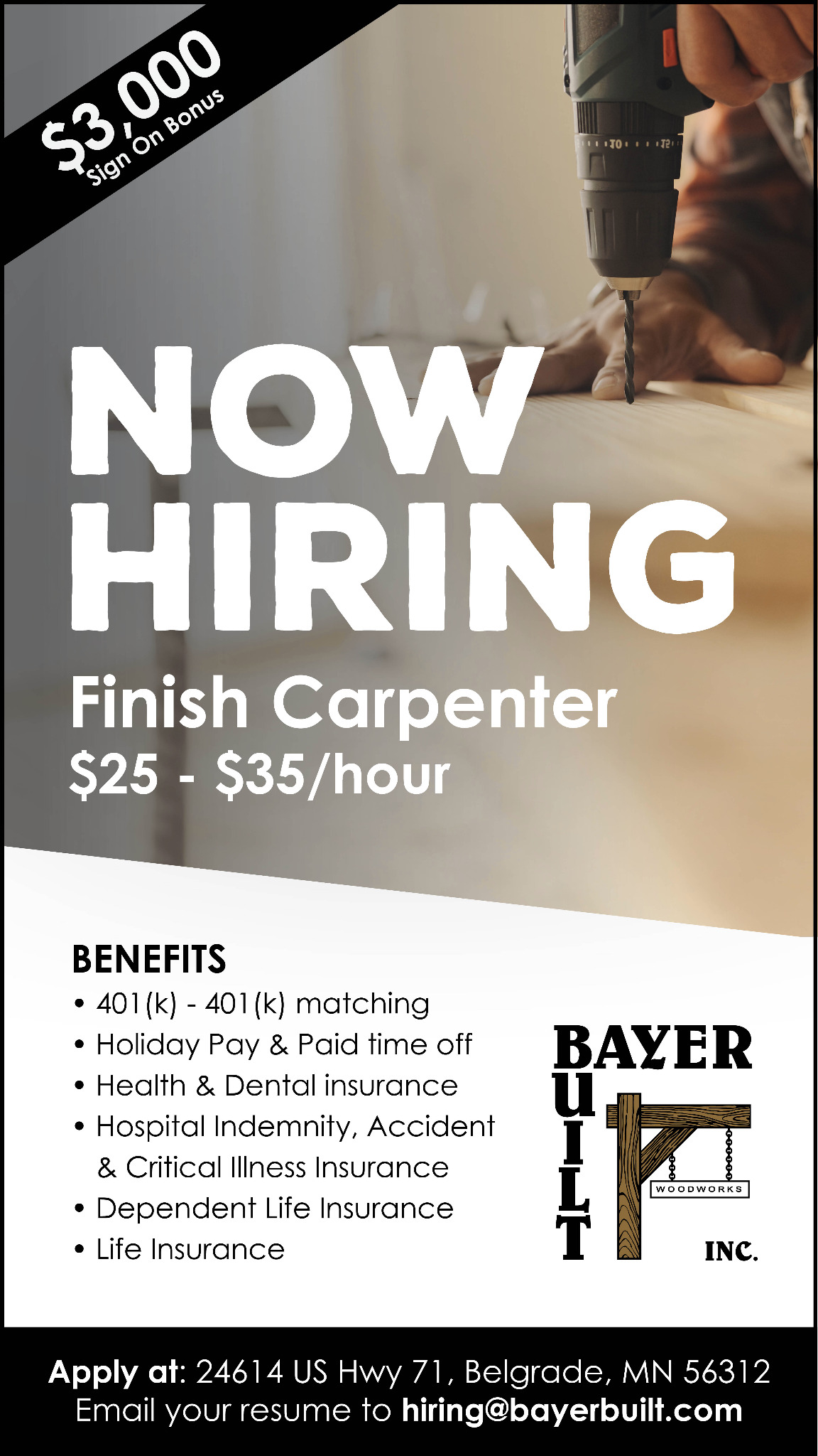 Bayer Built Woodworks Facebook ad from Sep 23, 2025