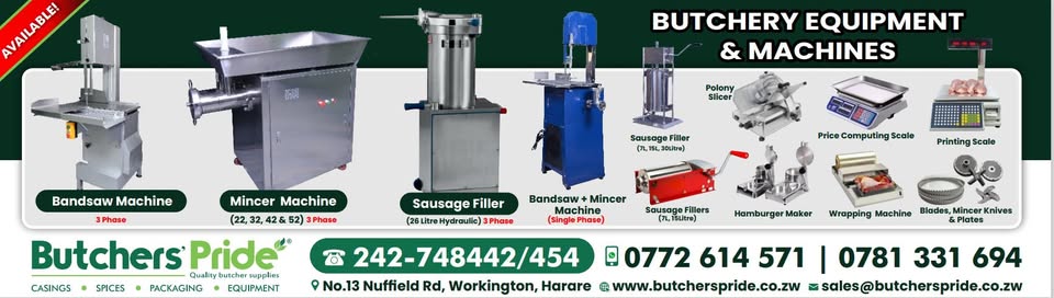 Butchers' Pride Zimbabwe Facebook ad: CASINGS-SPICES -PACKAGING- BUTCHERY EQUIPMENT