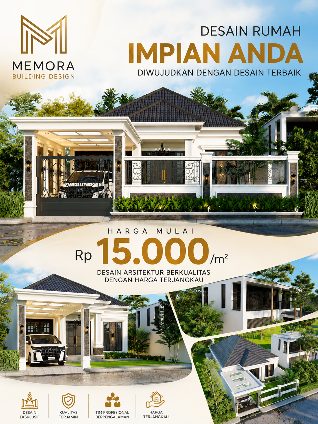 Memora design Facebook ad: Wujudkan Rumah Mewah Impian Anda, Tanpa Biaya Desain yang…