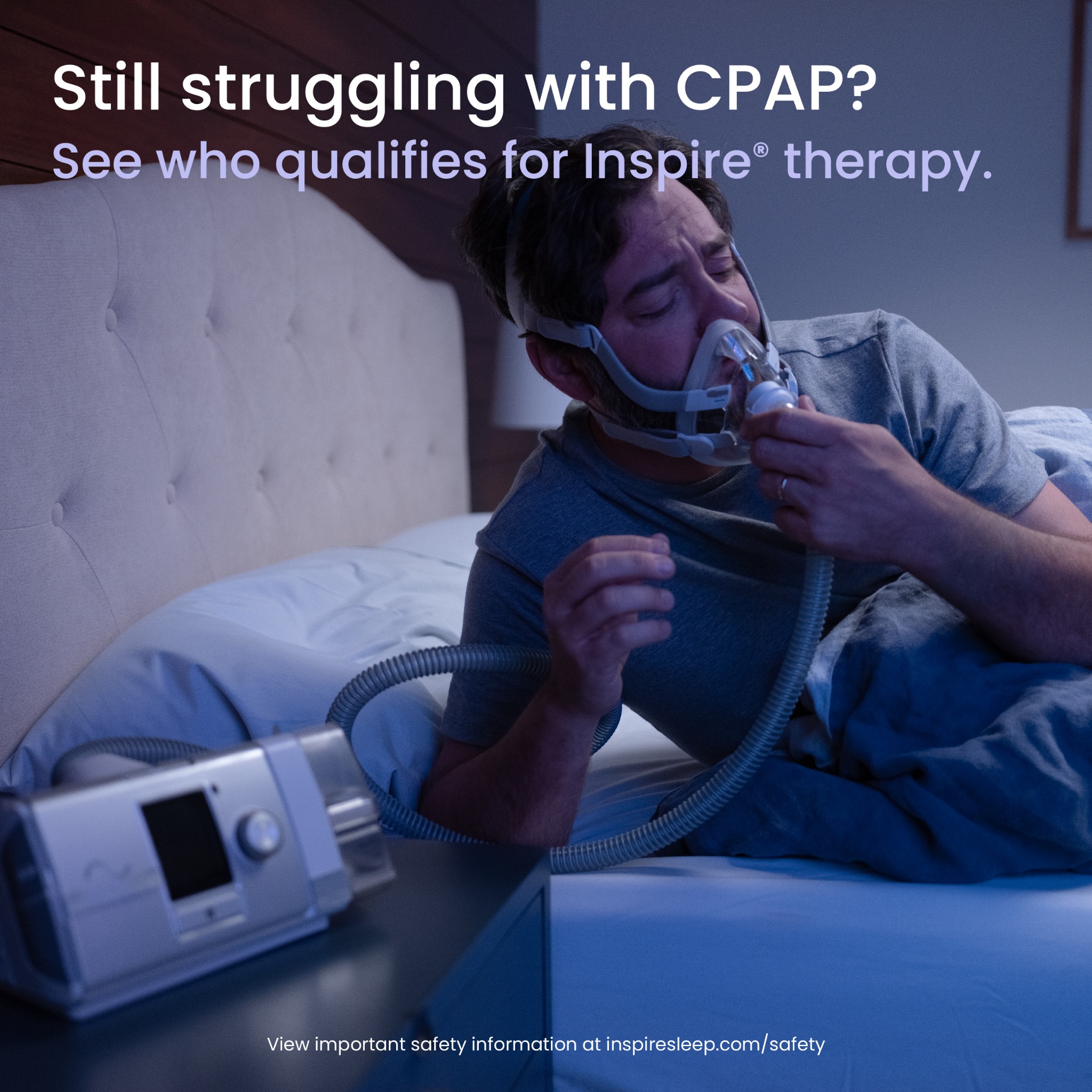 Inspire Sleep Apnea Innovation Facebook ad: No mask. No hose. Just sleep.