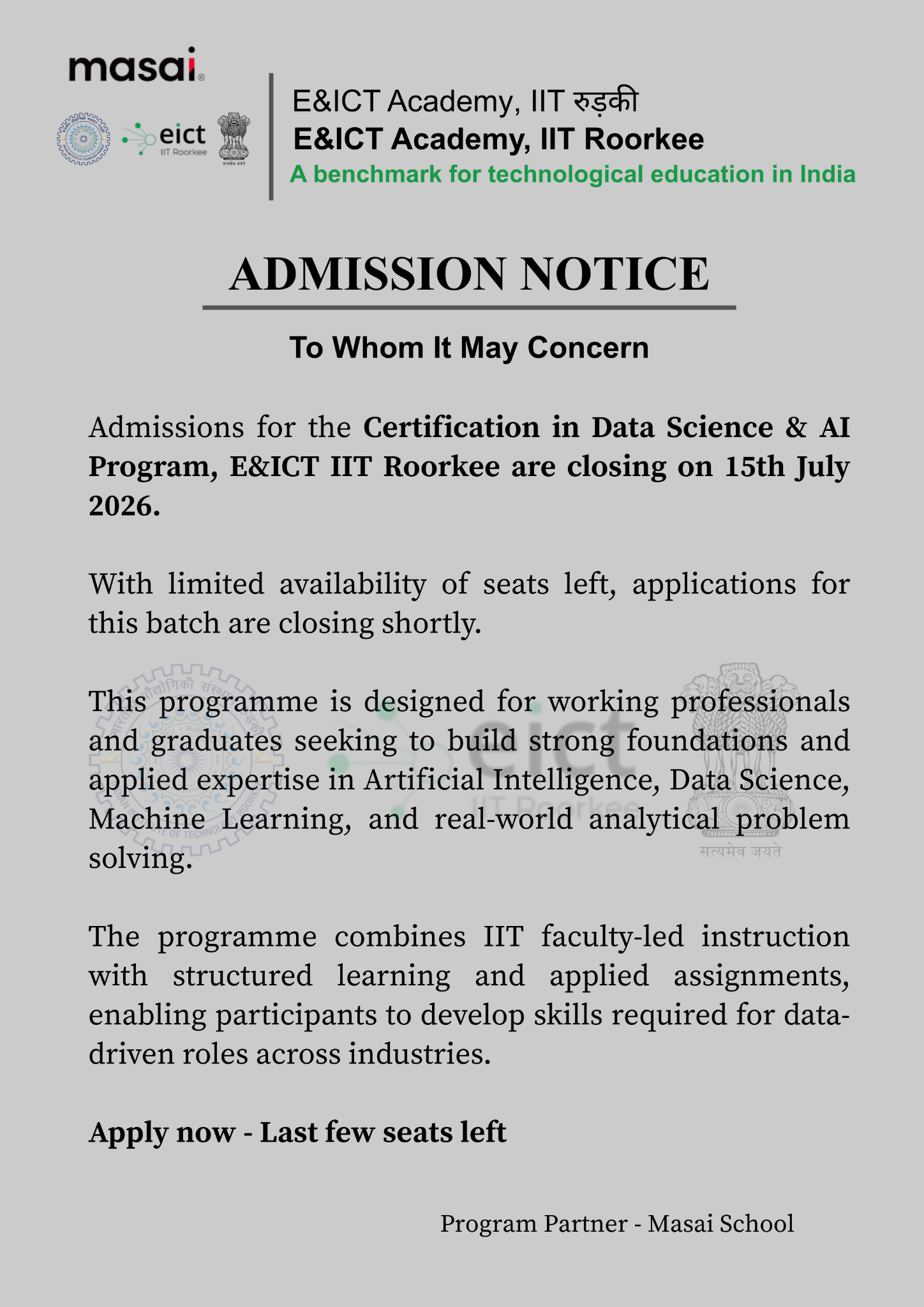Masai School Facebook ad: Data Science & AI, E&ICT IIT Roorkee