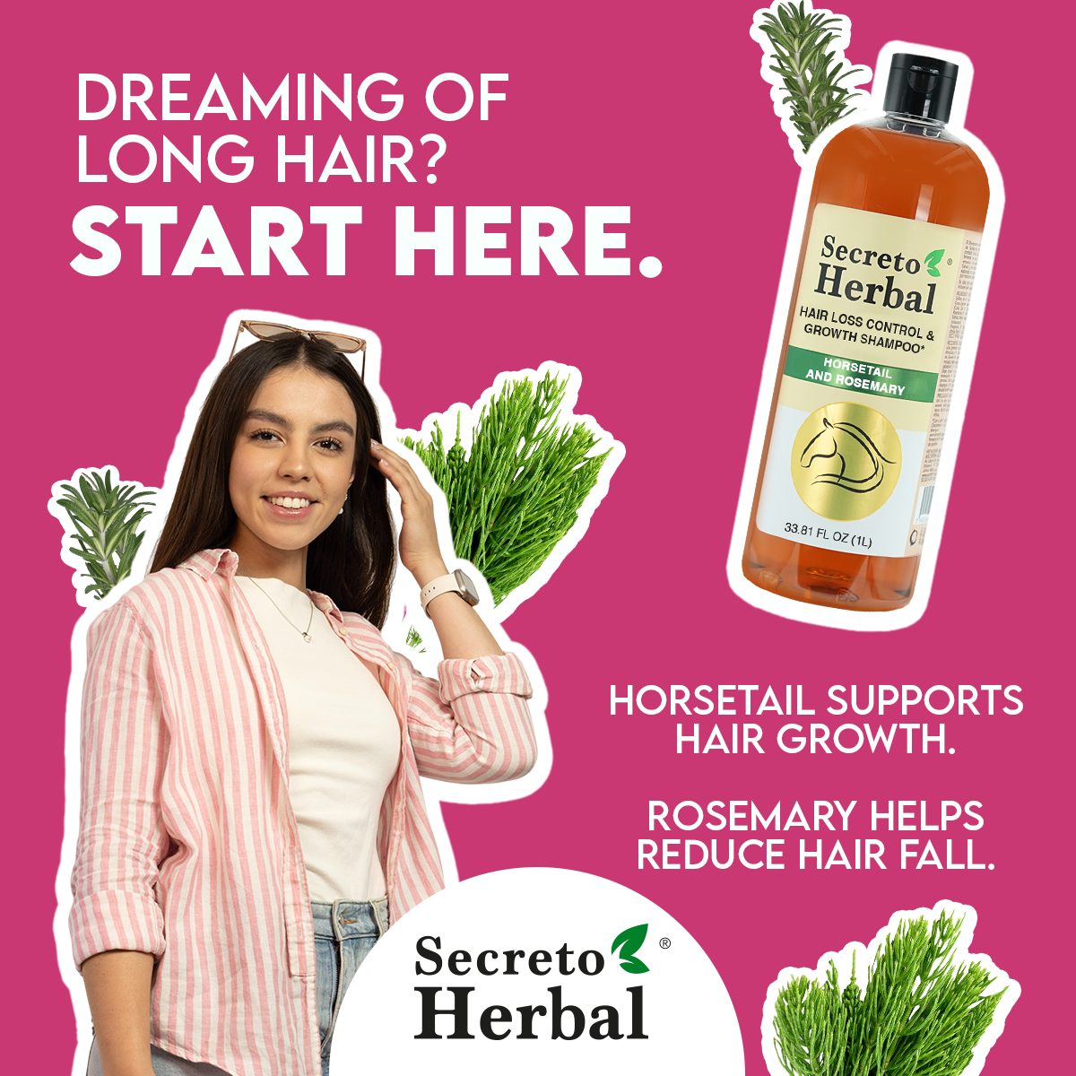 Secreto Herbal USA Facebook ad: Meet our horsetail and rosemary shampoo.