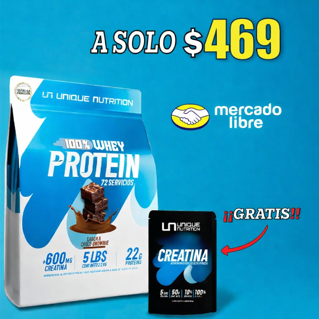 Unique nutrition Facebook ad: 100% whey protein con creatina gratis a solo…