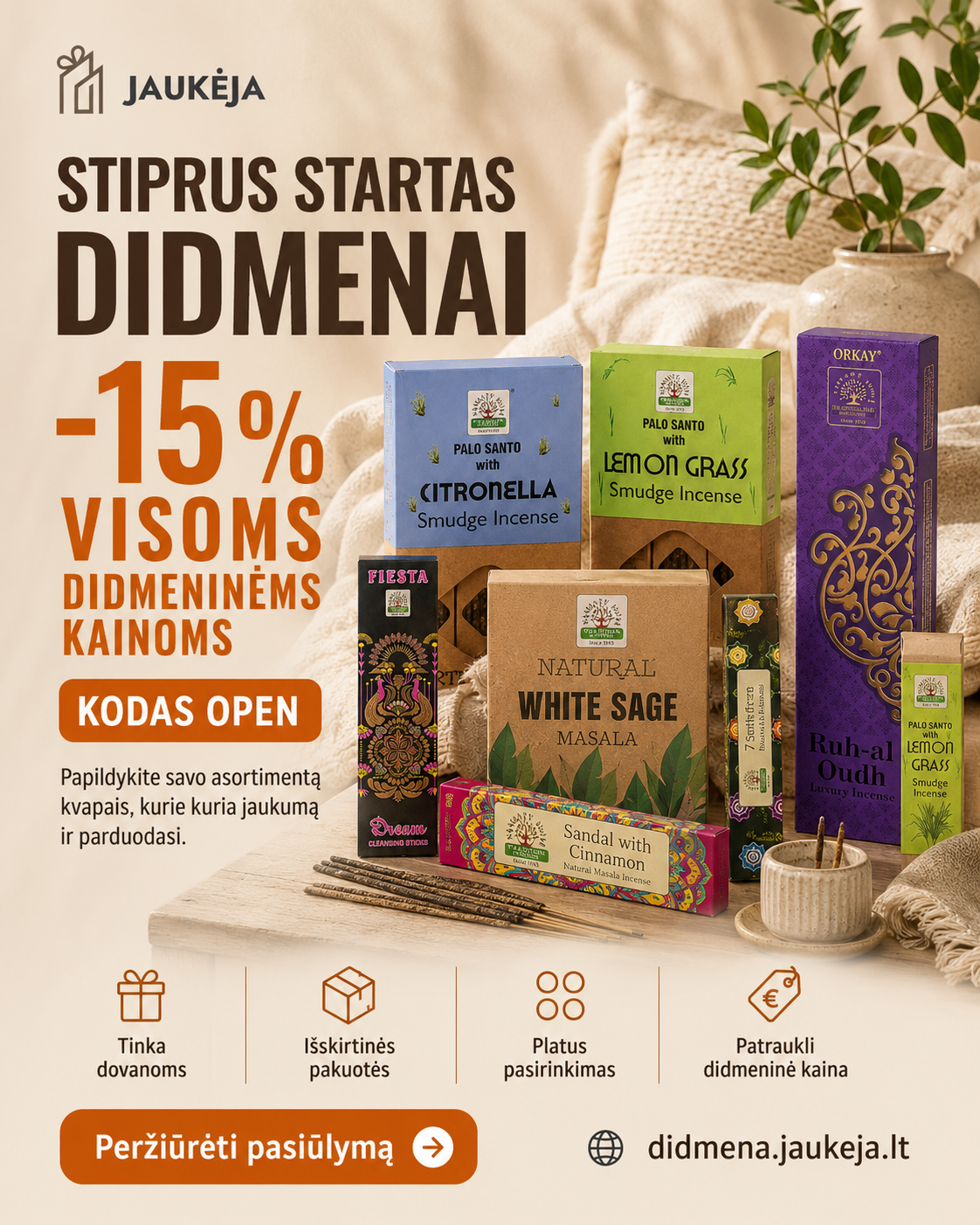 Jaukeja.lt Facebook ad: Stiprus startas didmenai su -15% nuolaida