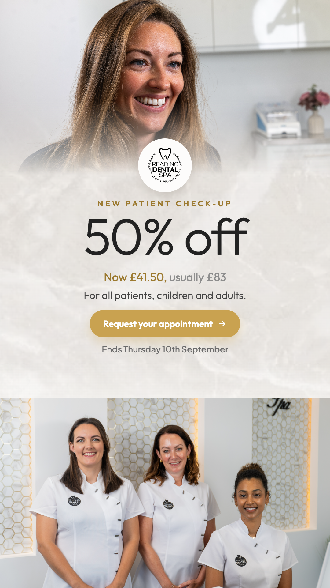 Reading Dental Spa Facebook ad from Aug 12, 2026