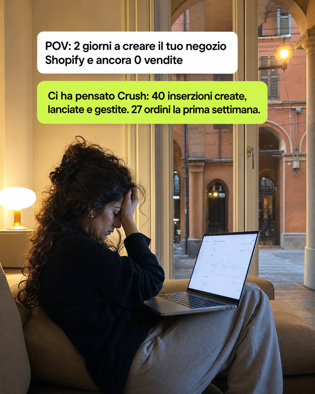 trycrush.ai Facebook ad: POV: 2 giorni su Shopify e 0 vendite