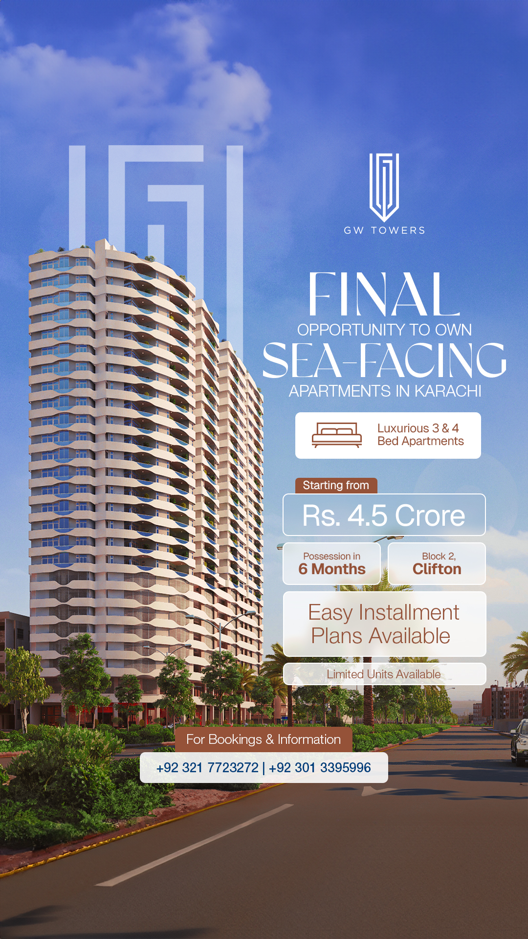 Al Wakeel Group Facebook ad: Prime sea-facing living with easy installment plans.