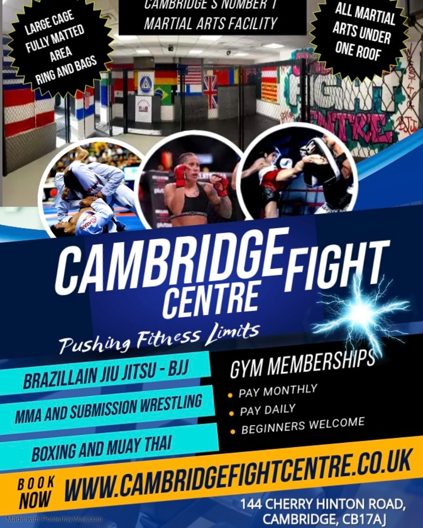 Cambridge Fight Centre Facebook ad: MMA MUAY THAI BJJ WRESTLING BOXING All disciplines…