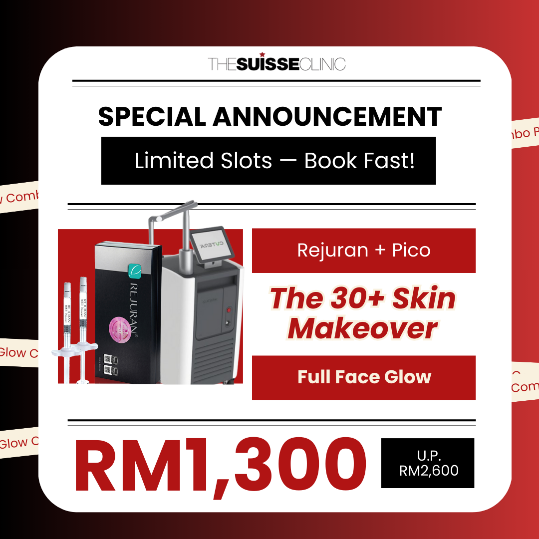 The Suisse Clinic Facebook ad: Tired of dull, tired-looking skin? The 30+ Skin Makeover…