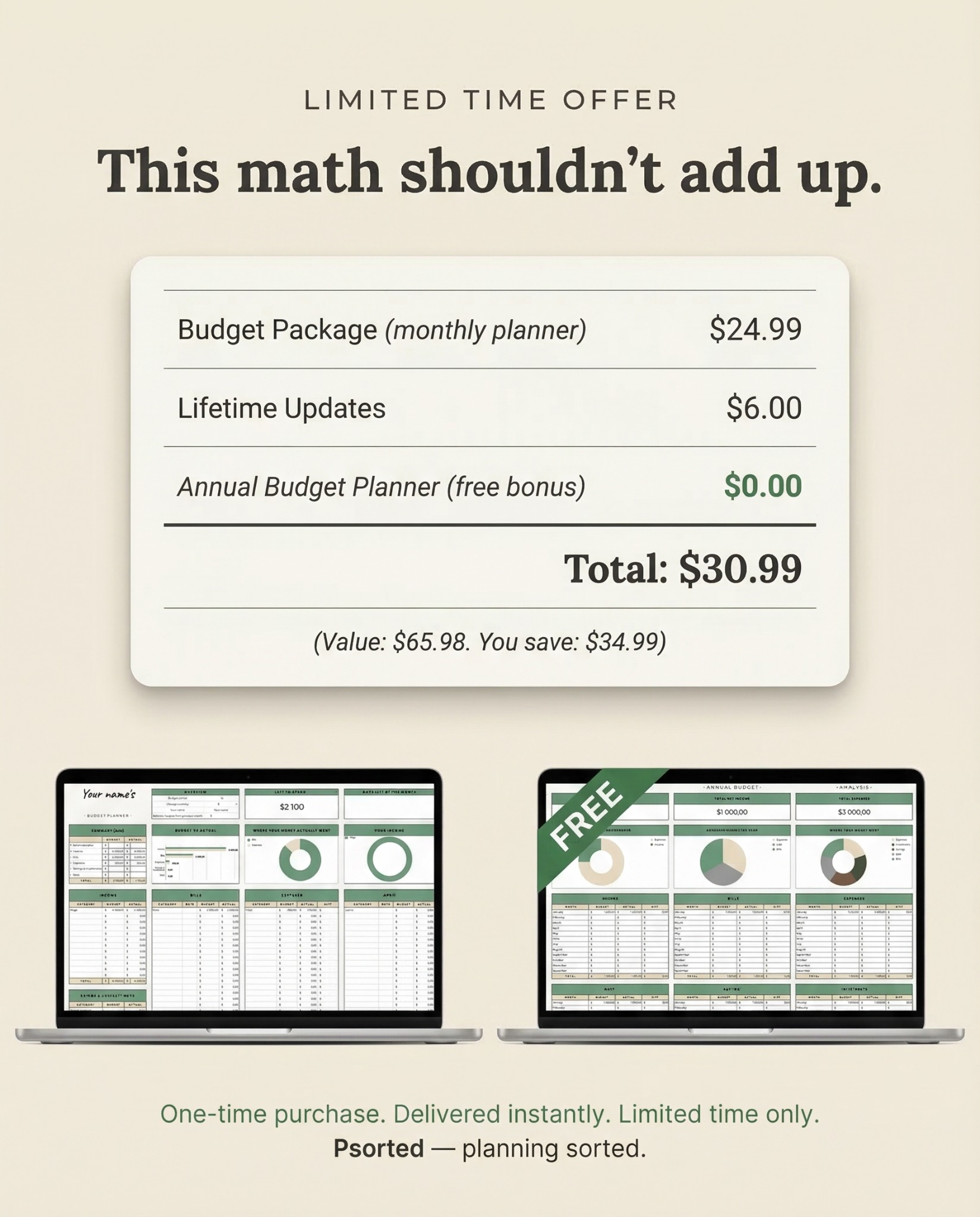 Psorted Facebook ad: Save $34.99 Instantly