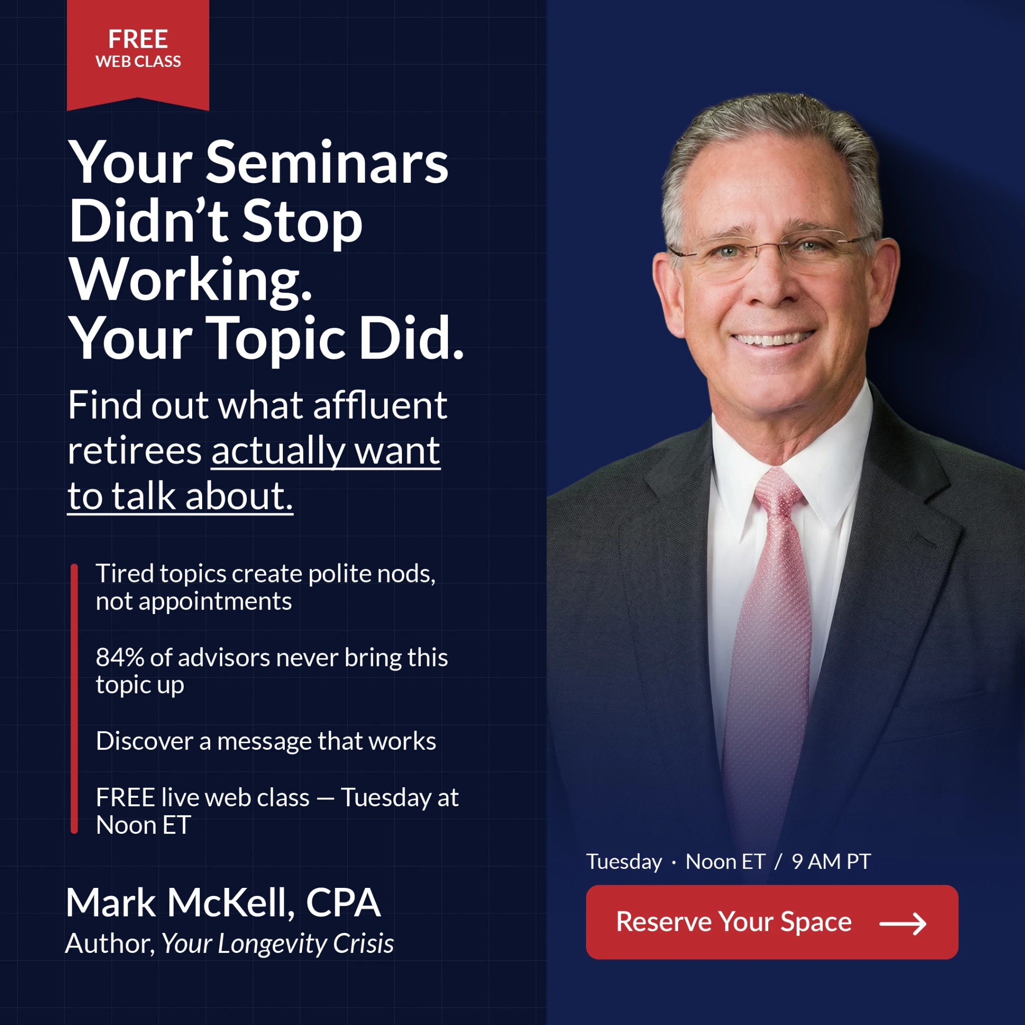 The Holistic Advisor's Blueprint Facebook ad: Your Seminars Didn't Stop Working, Your Topic Did